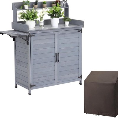 Garvee Outdoor Potting Bench Table Storage Cabinet, Work Bench with Storage Shelf & Galvanized Tabletop,Gray