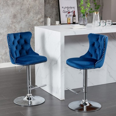 CAVINAS 24.8"-33"Chic Velvet Bar Stools Counter Height,Set of 2,360°Swivel Barstools with Adjustable Lifting,Back Tufted&Matte Silver Frame