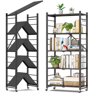 SUGIFT Black Foldable Metal Storage Shelf with Wheels 5 Tier Heavy Duty Rolling Organizer Rack for Kitchen Garage Office No Assembly