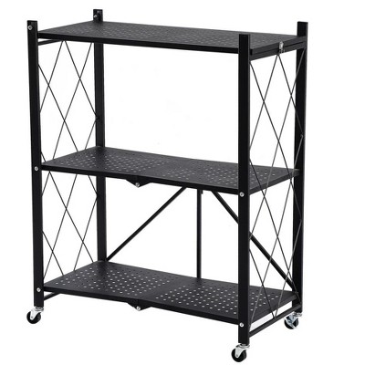 J&V TEXTILES Foldable Storage Shelf with Wheels - Metal Collapsible Shelving Unit Display, Rolling Cart for Books Kitchen Storage Shelves