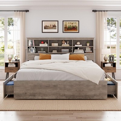 Storage Wooden Bed Frame with Bookcase Headboard and 4 Large Drawers