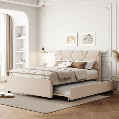 Upholstered Platform Bed with Brick Pattern Headboard and Trundle Bed-ModernLuxe