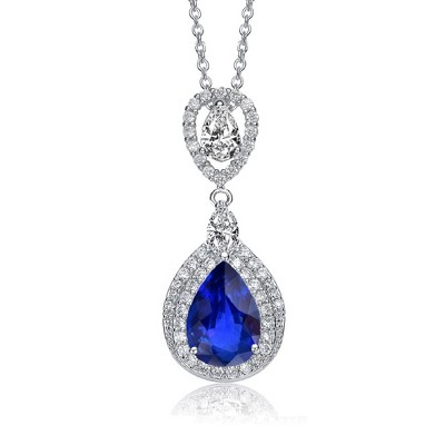 Rhodium Plated Clear Pear with Marquise and Round Cubic Zirconia Double Halo Dangle Pendant Necklace