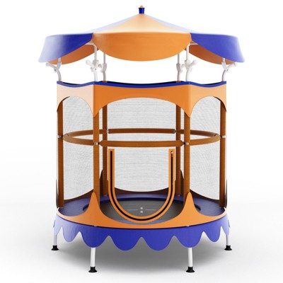 Costway 64'' Kids Trampoline w/ Detachable Canopy Safety Enclosure Net Foam Handle Pink/Orange