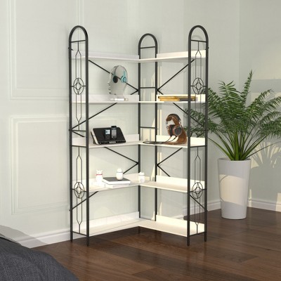 SKRAN 5 Tier Corner Bookshelf, Industrial Open Display Shelf, Storage Display Rack, L Shaped Bookcase for Bedroom, Living Room and Home Office, White