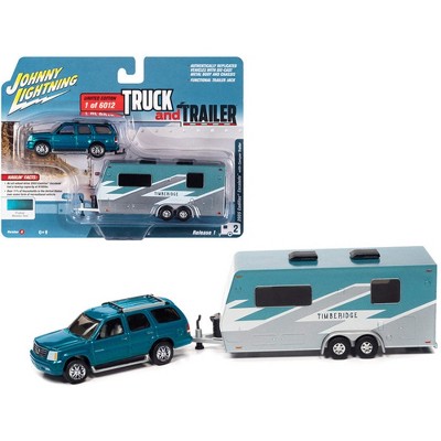 Johnny Lightning 1:64 Truck & Trailer 2005 Cadillac Escalade w/Camper Trailer Teal