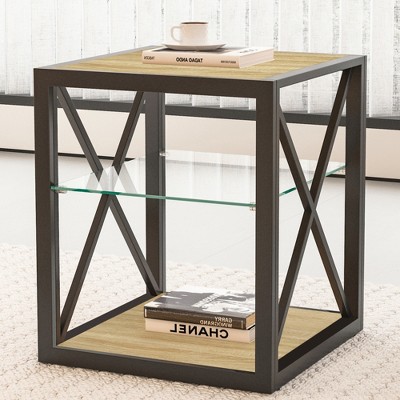 KTMBDW End Table, Small Side Table, Nightstand with 2-Layer Storage Shelves and Tempered Glass, Sofa Table for Small Spaces, Living Room, Bedroom