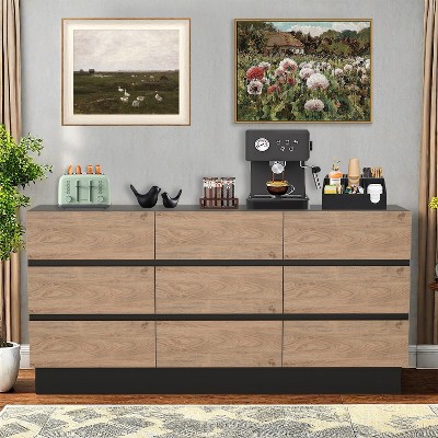 Large Sideboard Buffet Cabinet with 9 Drawers, Modern Storage Dresser for Kitchen, Dining Room, or Living Room, Black and Oak Wood Finish