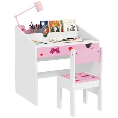 Qaba Kids Desk and Chair Set, Student Writing Desk for Bedroom & Study Room with Storage,  Aged 3-6 Years