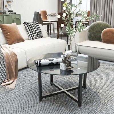 35.5" Tempered Glass Round Coffee Table with Smooth Edges and Easy Assembly for Living Room
