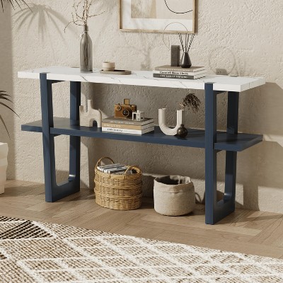 Wooakway Retro Console Table With 2-Tier Open Storage Shelf Sofa Table Narrow Entryway Table With Marble-Effect Top For Hallway Living Room
