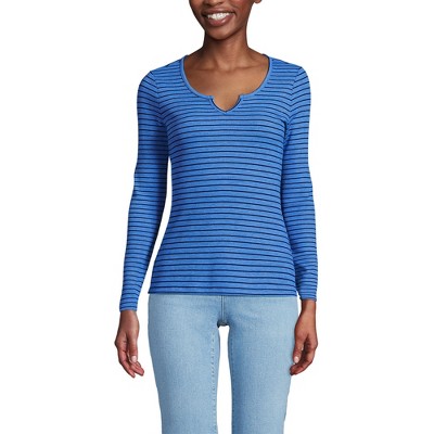 Lands' End Women's Lightweight Waffle Skimming Long Sleeve Notch Neck T-shirt