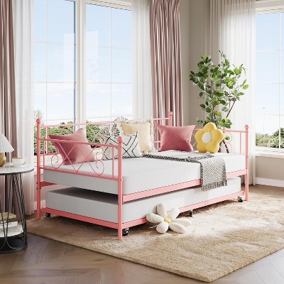 Daybed with Trundle, Trundle Bed Twin with Heart-Shaped Headboard, Sturdy Metal Day Bed with Steel Slat Support, Twin Daybed