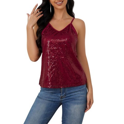 Clearlove Womens Sequin Tank Tops V Neck Sleeveless Camisole Sequin Sparkle Summer Casual Fashion Shirts