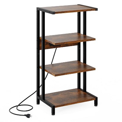 Itopfox 4-Tier AV Media Stand with Power Strips, Wooden Corner Shelf for DVD Players, Game Console, TV Box, Cable Box, Xbox, WiFi Router