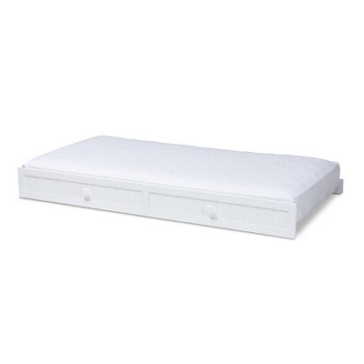 Twin Neves Wood Bed with Trundle White - Baxton Studio: Farmhouse Design, Roll-Out Guest Mattress Support