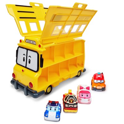 Robocar Poli School Bus Carrying Case & Mini Die-Cast Car Amber, Poli, Roy, Mark Set (Early Learning Toy-Imagination & Role Play)