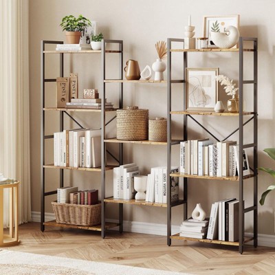 Coolmee Triple Column 4 Tier Bookshelf, Bookcase with 11 Open Storage Display Shelves, Rustic Industrial Book Shelves for Living Room Office