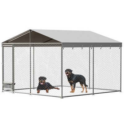 10x10x7 Ft Outdoor Dog Kennel, Heavy Duty Outside Pet Playpen with Waterproof and Anti-UV, Galvanized Dog Run with 360-Degree Rotating Feeder