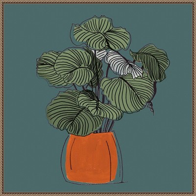 30"x30" The Retro Potted Plant on Teal I by Patricia Pinto Framed Canvas Wall Art Print: Botanical Canvas, Brown Frame - Amanti Art
