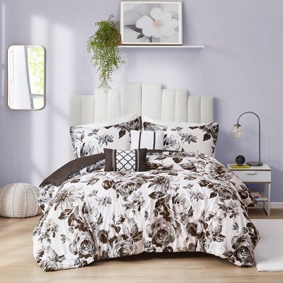Okak Twin/Full/King 5-Piece White+Black Floral Printed Bed Comforter Set with Shams,Comfortable Lightweight Comforter Bedding Sets