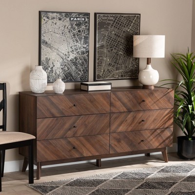 Baxton Studio Hartman Wood 6 Drawer Dresser Walnut Brown: Modern Storage, Vertical Design, 31" High
