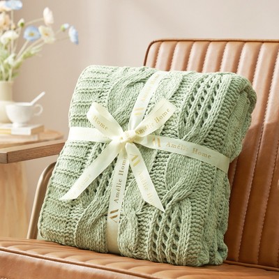 Amelie Home Cable Knitted Throw Blanket for Couch, Chenille Chunky Knit Throw Blanket