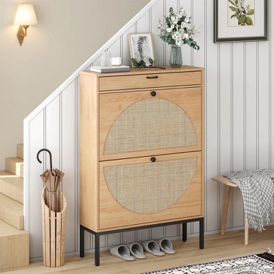 Brafabhome Rattan Shoe Storage Cabinet with 2 Flip Drawers, Boho Narrow Entryway Shoe Rack Organizer for Slippers, Sneakers, Boots, Holds 16 Pairs