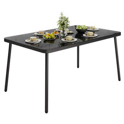 Iron Dining Table - Built-In Tempered Glass Tabletop, Cut-Off Design, Durable Metal Frame, Modern Glass Top Dining Table