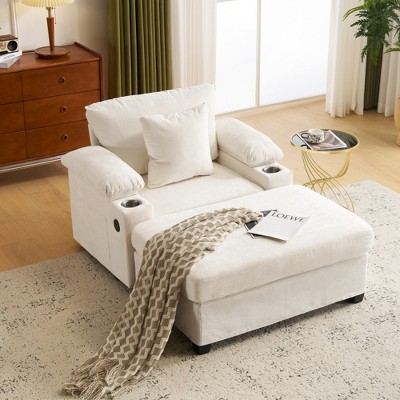 Whisen Modern Oversized Chair with Ottoman, Chenille Fabric Comfy Sofa Bed with Cupholders and USB Charging Ports
