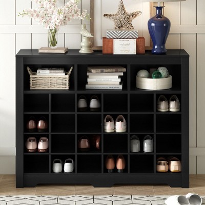 Shoe Rack with Curved Base Large Capacity Free Standing Shoe Cabinet with 24 Compartments Wooden Organizer for Entryway Bedroom Living Room