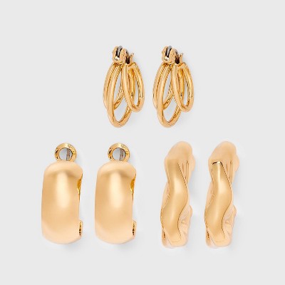 Wide and Chunky Twist Earring Set 3pc - Wild Fable™ Gold: Nickel-Free Metal, Clip-In Clasp, Hoop Style
