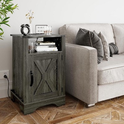 Heynemo Farmhouse Nightstand with Charging Station, Tall Bedside Table with X-Shaped Design, Wooden Rustic End Table