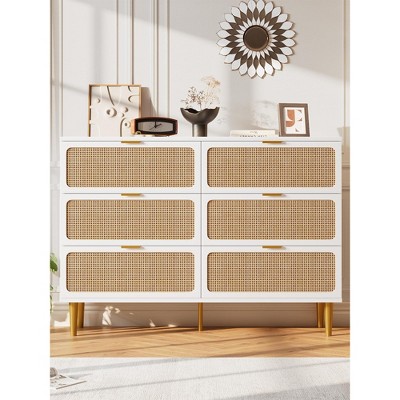 Rattan 6 Drawer Dressers for Bedroom, Large Double Dresser with Deep Drawers, Chest of Drawers for Closet with Wide Top