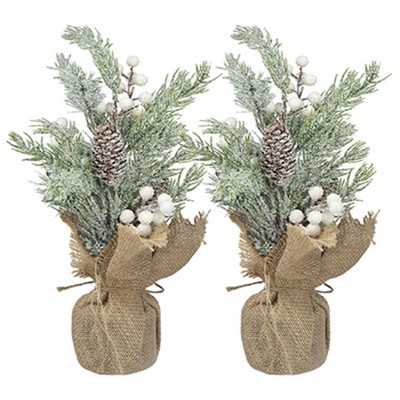 Whisen Set of 2, 13.4" Christmas PVC Tree On Wood Base with Snow