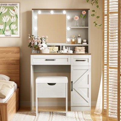 LIVAREEmlen Farmhouse Makeup Vanity Desk with Mirror and Lights,3 Lighting Modes,2 Drawers and Side Cabinet for Bedroom, White