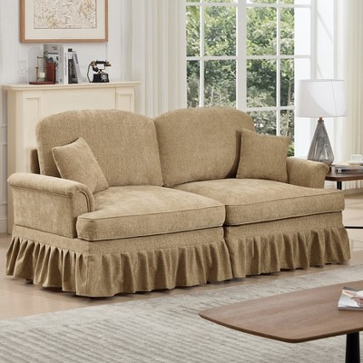 Hrinhom 76.4"W Elegant Mid Century Oversized Large Two Seater Sofa Couch with Flared Arms and Removable Ruffles Pleats Skirts