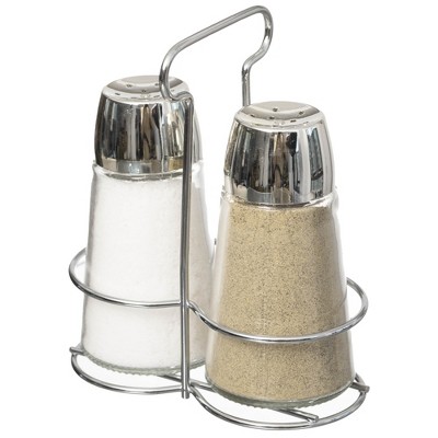 Basicwise Glass Salt & Pepper Shaker Set with Stainless Steel Holder - Perfect for Kitchen Counters, Kitchen & Dining Tables, and Restaurants