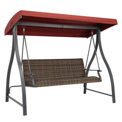 Aoodor 3-Seat Outdoor Rattan Patio Swing with Adjustable Dark Blue Canopy, Built-in Quick-Drying Foam Seat, Rattan Wicker, Rust-Resistant Iron Frame