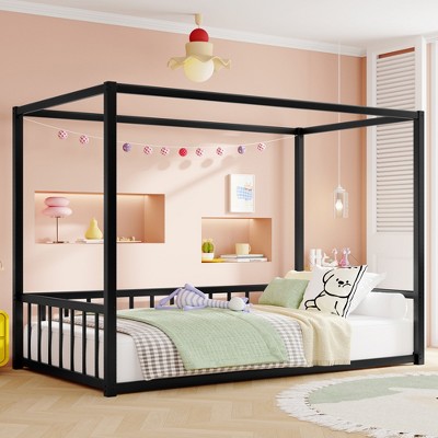 Twin Size Sunshade Floor Bed with House Frame and Fence-Style Guardrails Low Platform Bed for Kids or Teens-- Frevyn