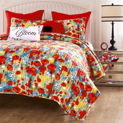 Greenland Home Fashions Poppies Quilt Set – 3-Piece, Bold Red Botanical Floral Design