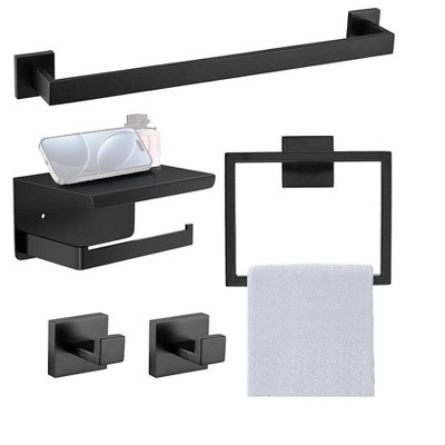 Itopfox 5-Piece Matte Black Bathroom Accessories Set, Stainless Steel Towel Bar, Towel Ring, Toilet Paper Holder, Wall Mounted