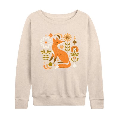 Women's - Instant Message - Autumn Fox & Flowers Lightweight French Terry Wide Neck Long Sleeve Graphic Shirt