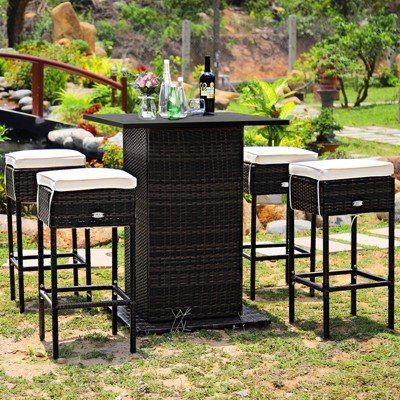 Tangkula 5 PCS Patio Rattan Dinning Set Conversation Set All weather Wicker Bar Table Stool Set w/Hidden Storage Shelf & Cushions