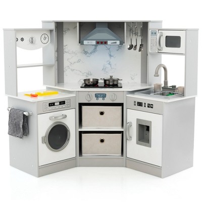 Costway Wooden Kids Play Corner Kitchen with Realistic Lights & Sounds Lighted Range Hood Brown/Grey
