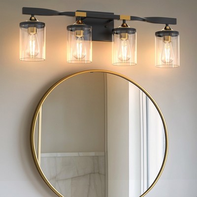 DORESshop 26 in. 4-Light Black and Gold Vanity Light with Clear Glass Shades for Bathroom