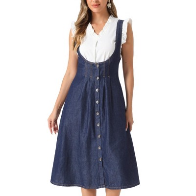 INSPIRE CHIC Women's Button Front Classic U Neck Overall Denim Midi Dress with Pockets