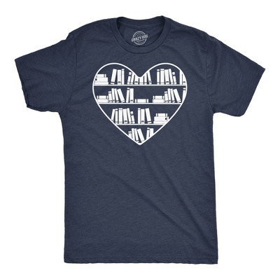 Mens Bookshelf Heart Funny T Shirt Reading Graphic Tee for Men - Crazy Dog Men's T Shirt for Nerds