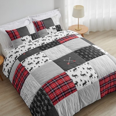 Sweet Jojo Designs Full/Queen Comforter Bedding Set Rustic Patch Red Black and Grey 3pc