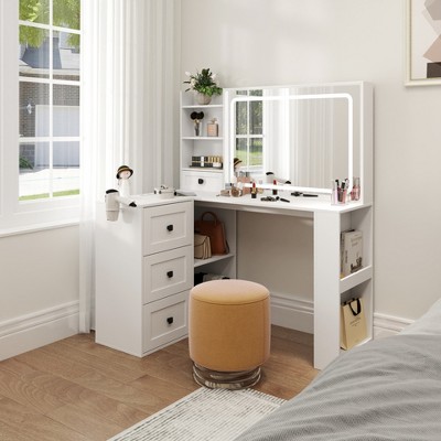 47"W Makeup Table Vanity Desk Vanity Table Dressing Table with 3-Mode Lighted Mirror, Power Strip, 3 Drawers and  Open Shelves, White-ModernLuxe